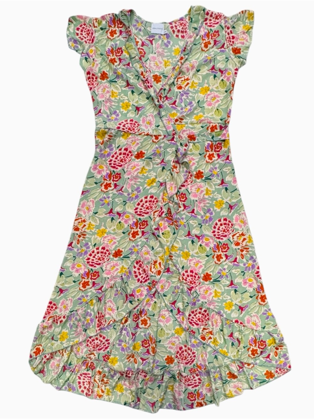 Zen Ethic Floral Ruffle Wrap High Low Dress – Sage Green Multi – Size L/XL